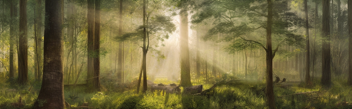 日出阳光照射在森林的树上摄影图