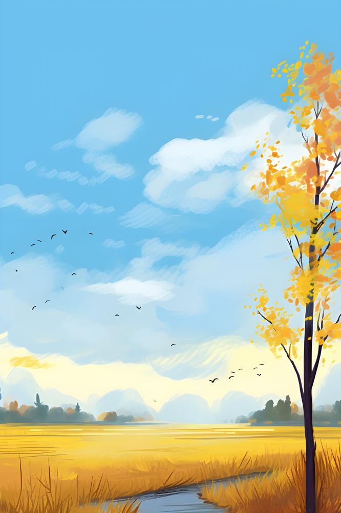 秋天清新天空树林插画黄色背景