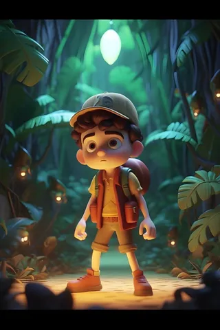 森林探险旅行男孩夜晚3D卡通背景
