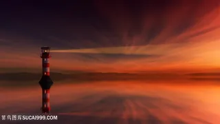 日落湖灯塔唯美风景