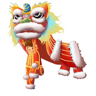 新年春节虎年元宵手绘人物舞狮卡通狮子头插画元素PSD设计素材