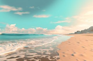 有蓝色海水、海洋和海浪的沙滩，浅蓝绿色和浅米色风格，canon af35m，凄美，seapunk摄影图