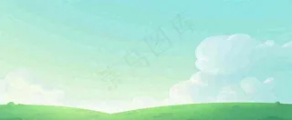 卡通手绘绿色草坡蓝天白云，春天，儿童节，春游，春分