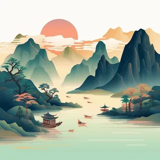 国潮山水阳光元素