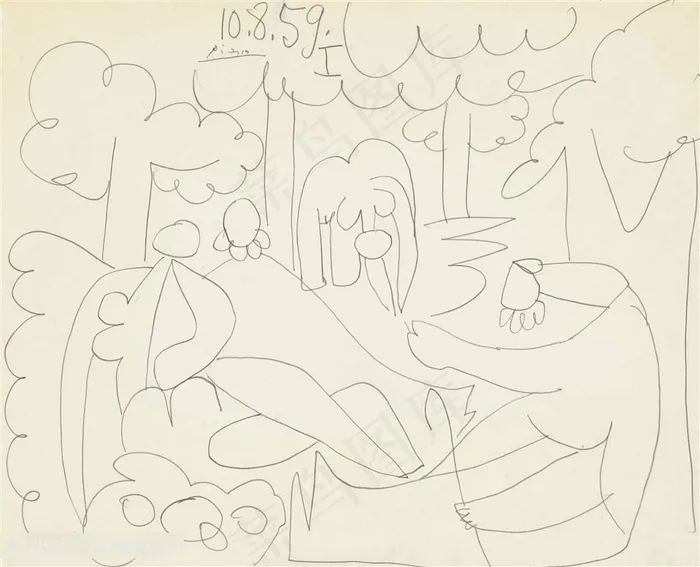 毕加索线描树木人装饰画