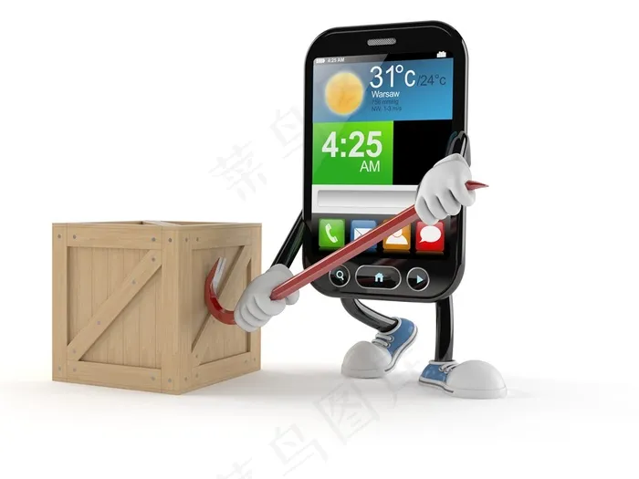 拿着撬棍撬木箱的智能手机高清图片