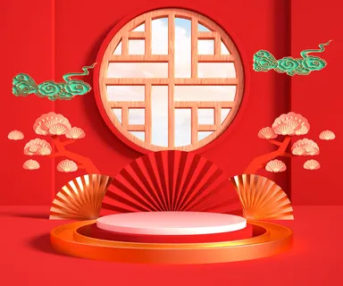 中国风古典喜庆C4D背景图3D国潮场景促销活动海报PSD设计素材模板