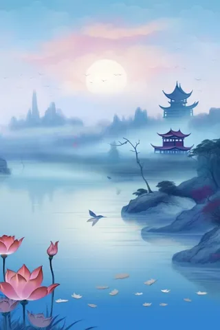 创意蓝色山水荷花荷叶背景