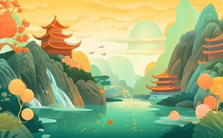 国风山水阁楼古风背景