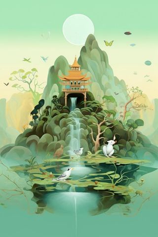 国潮清新山水仙鹤背景图