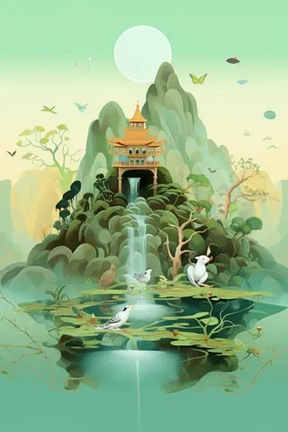 国潮清新山水仙鹤背景图