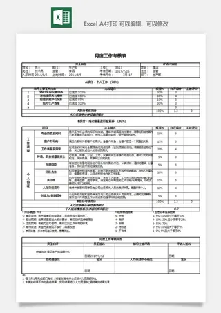 公司员工部门绩效考核表试用期KPI月度统计管理excel表格模板素材