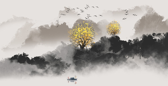 水墨艺术毛笔风景画PSD素材psd模版下载