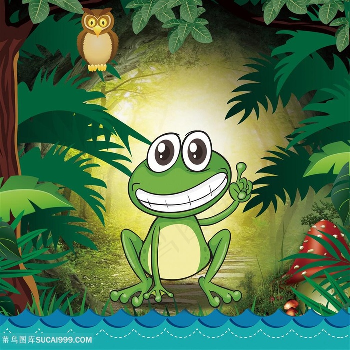 卡通森林青蛙猫头鹰树叶