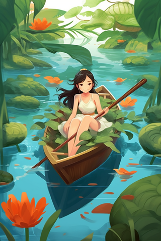 夏日女孩在荷叶睡莲湖面划船观赏卡通插画素材背景