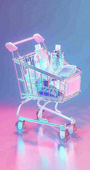 彩色奇幻渐变蓝紫粉色购物车手推车3D