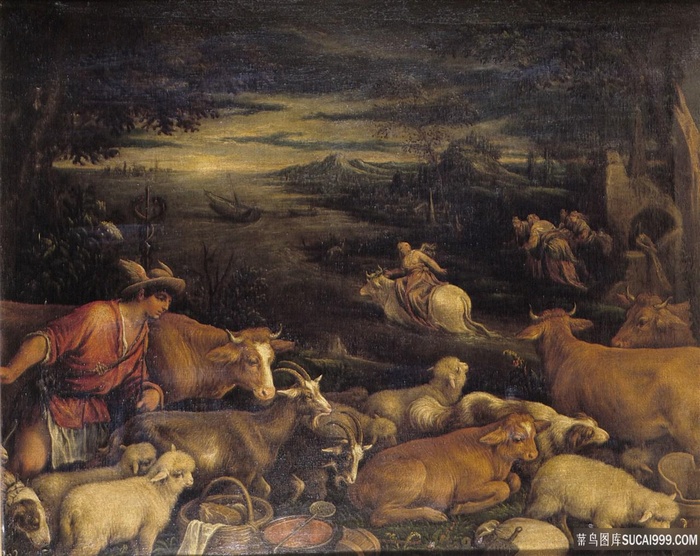 放牛人物油画风景画