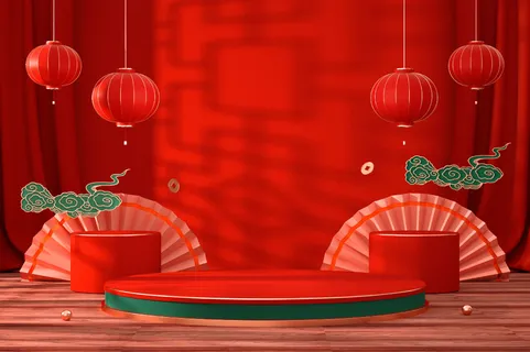 中国风古典喜庆C4D背景图3D国潮场景促销活动海报PSD设计素材模板