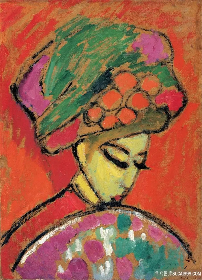 戴花帽子的年轻女孩艺术装饰画