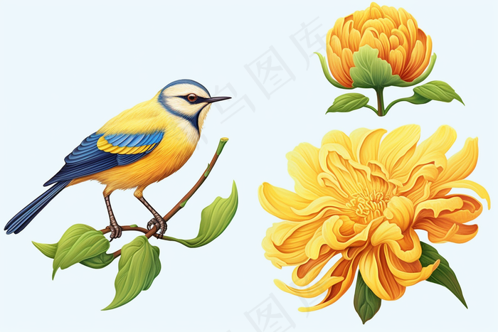 黄色菊花小鸟插画素材(4032x2688)