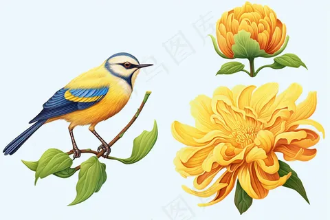 黄色菊花小鸟插画素材
