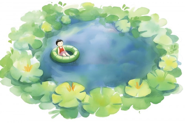 夏日玩水湖面植物荷叶睡莲插画背景(3600x2400)