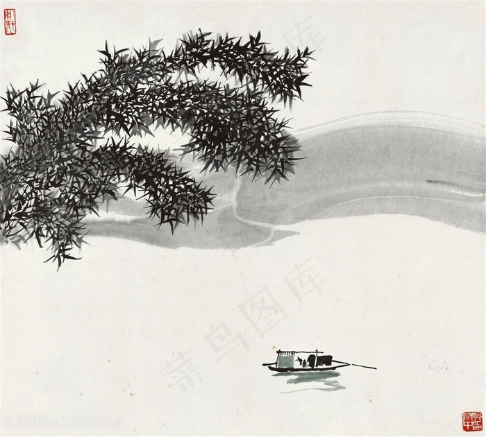 吴冠中手绘水墨船美景装饰画