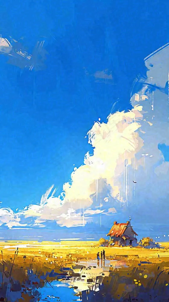 春天乡村河流倒影草地蓝天白云小屋手绘插画(816x1456)