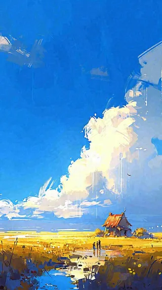 春天乡村河流倒影草地蓝天白云小屋手绘插画