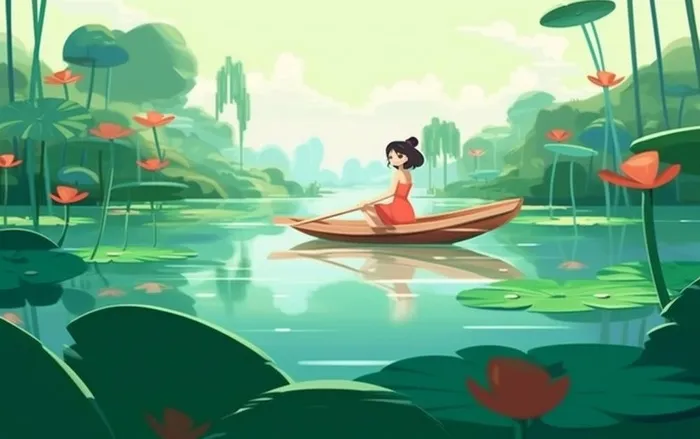 湖泊划船睡莲风光插画背景(1376x864)
