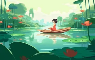 湖泊划船睡莲风光插画背景