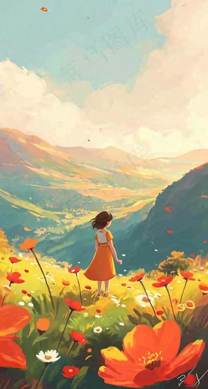春日浪漫山脉鲜花草坪里的女孩，油画手绘插画，春分