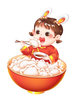吃饺子 吃饺子女孩 兔年元素 兔年素材 卡通女孩