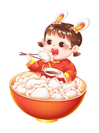 吃饺子 吃饺子女孩 兔年元素 兔年素材 卡通女孩