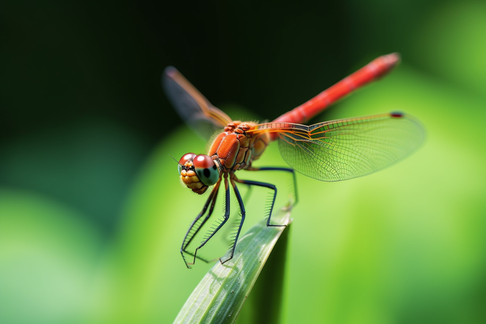 蜻蜓站在植物枝头上绿色背景摄影图