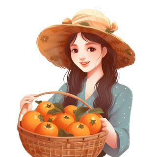 抱着一篮橘子的少女卡通插画免抠