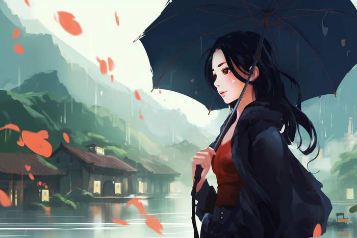 江南少女撑着伞江南水乡卡通插画素材(x)