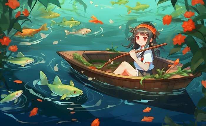 在湖中划船的女孩睡莲绿叶插画海报背景(5632x3456)