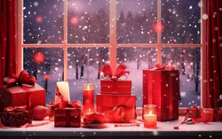 圣诞装饰喜庆礼物红色窗外下雪摄影图