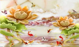 玉雕荷花九鱼小鸟背景墙