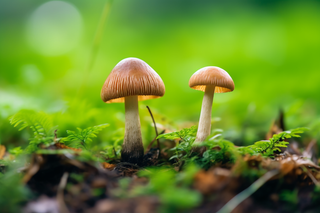 清晨湿润的泥土钻出的蘑菇摄影图