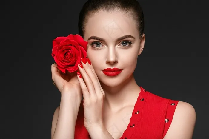 红唇欧美美女玫瑰花