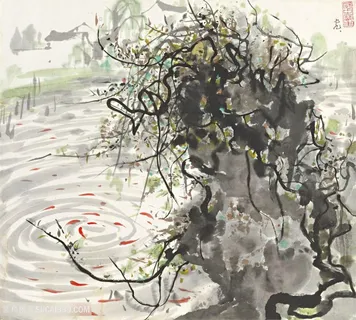 吴冠中手绘水墨假山荷塘装饰画 吴冠中手绘水墨假山荷塘装饰画