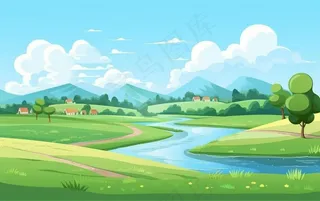 乡村村庄美丽风景河流插画农田插画背景