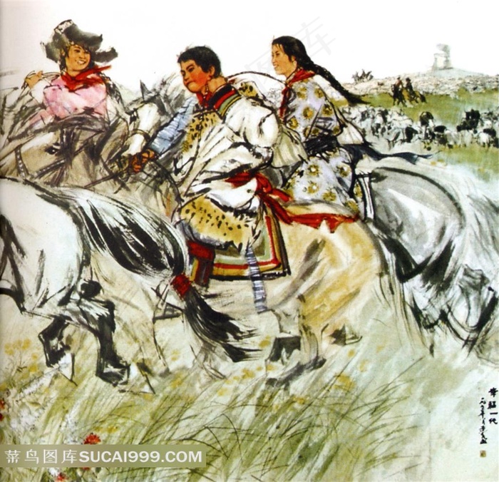 蒙古草原骑马奔腾插画