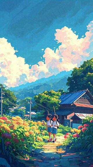 清新蓝天白云儿童路边行走手绘插画，花丛草地植物