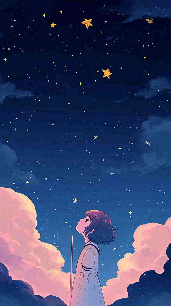 闪烁夜晚浪漫少女仰望星空粉紫色，银河月亮