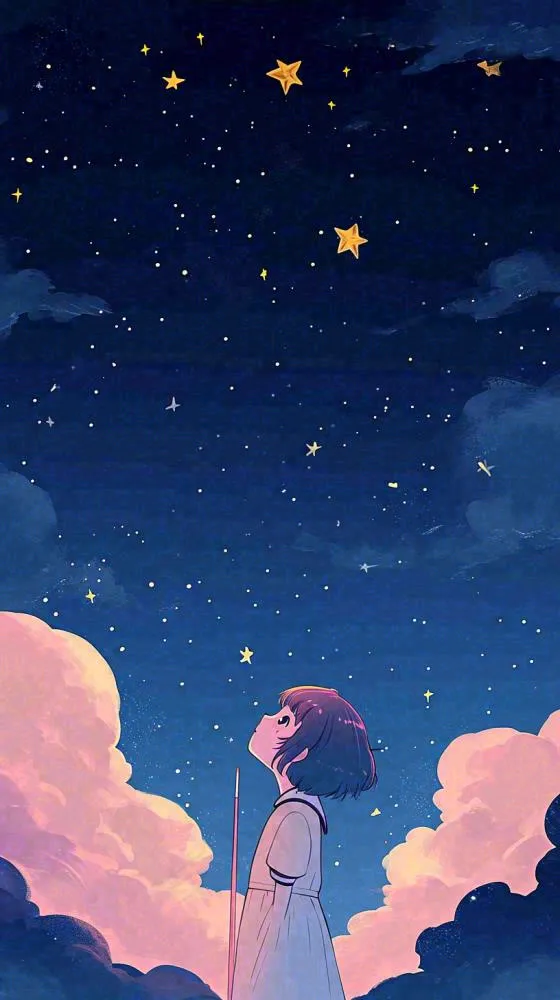 闪烁夜晚浪漫少女仰望星空粉紫色，银河月亮(816x1456)