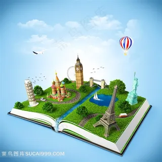 旅游系列 - 在书本上的迷你世界景色图片素材