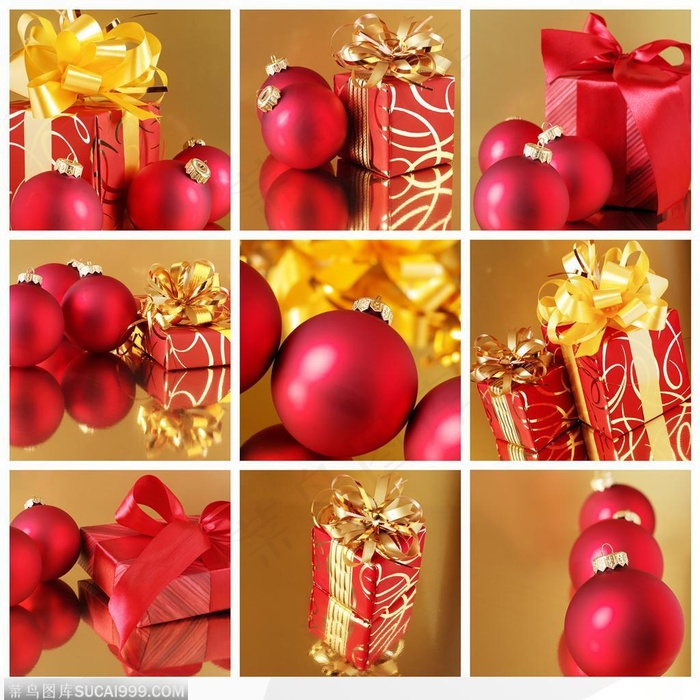 红色圣诞礼物与圣诞球